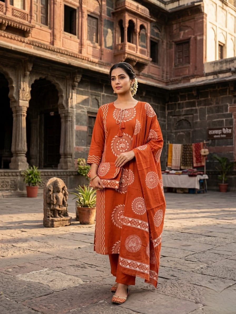 Printed Cotton Kurta Pant Dupatta Set
