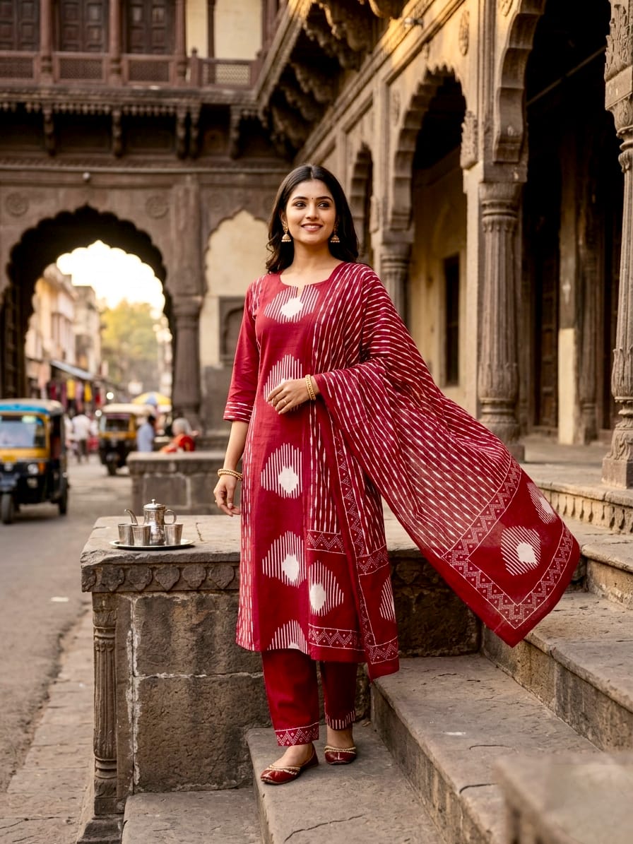 Pure Cotton Kurta Pant Dupatta Set
