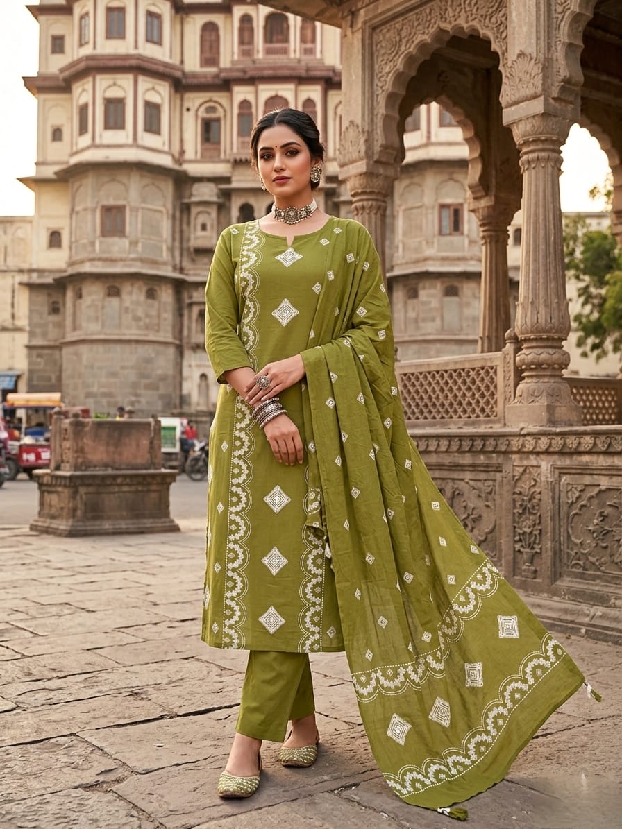 Printed Cotton Kurta Pant Dupatta Set