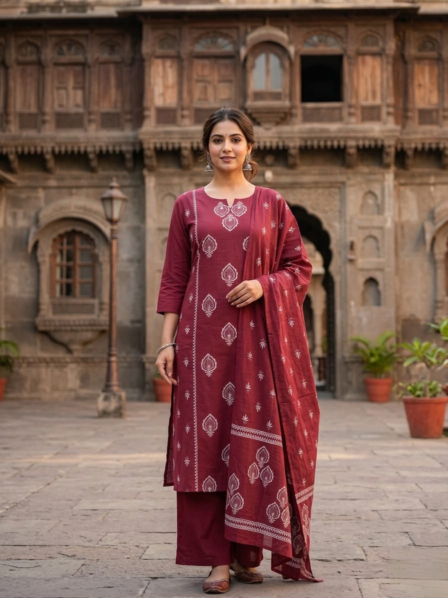 Printed Cotton Kurta Pant Dupatta Set